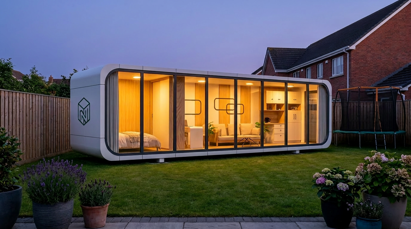 Nua pod illuminated at night