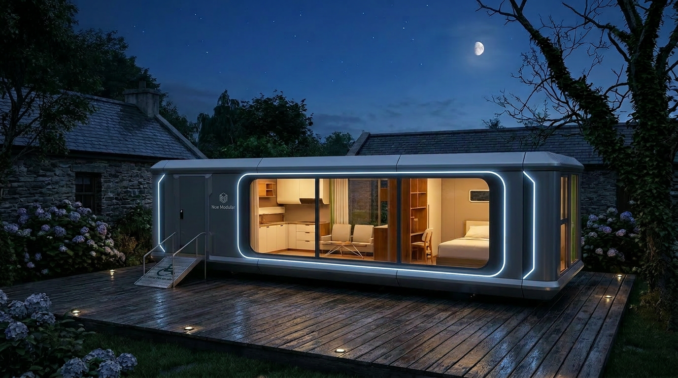Nua pod illuminated at night