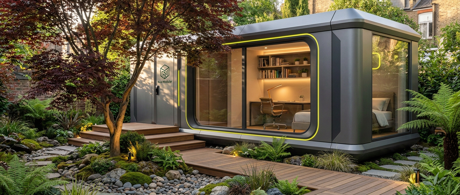 Nua Modular garden studio pod with a warmly lit interior