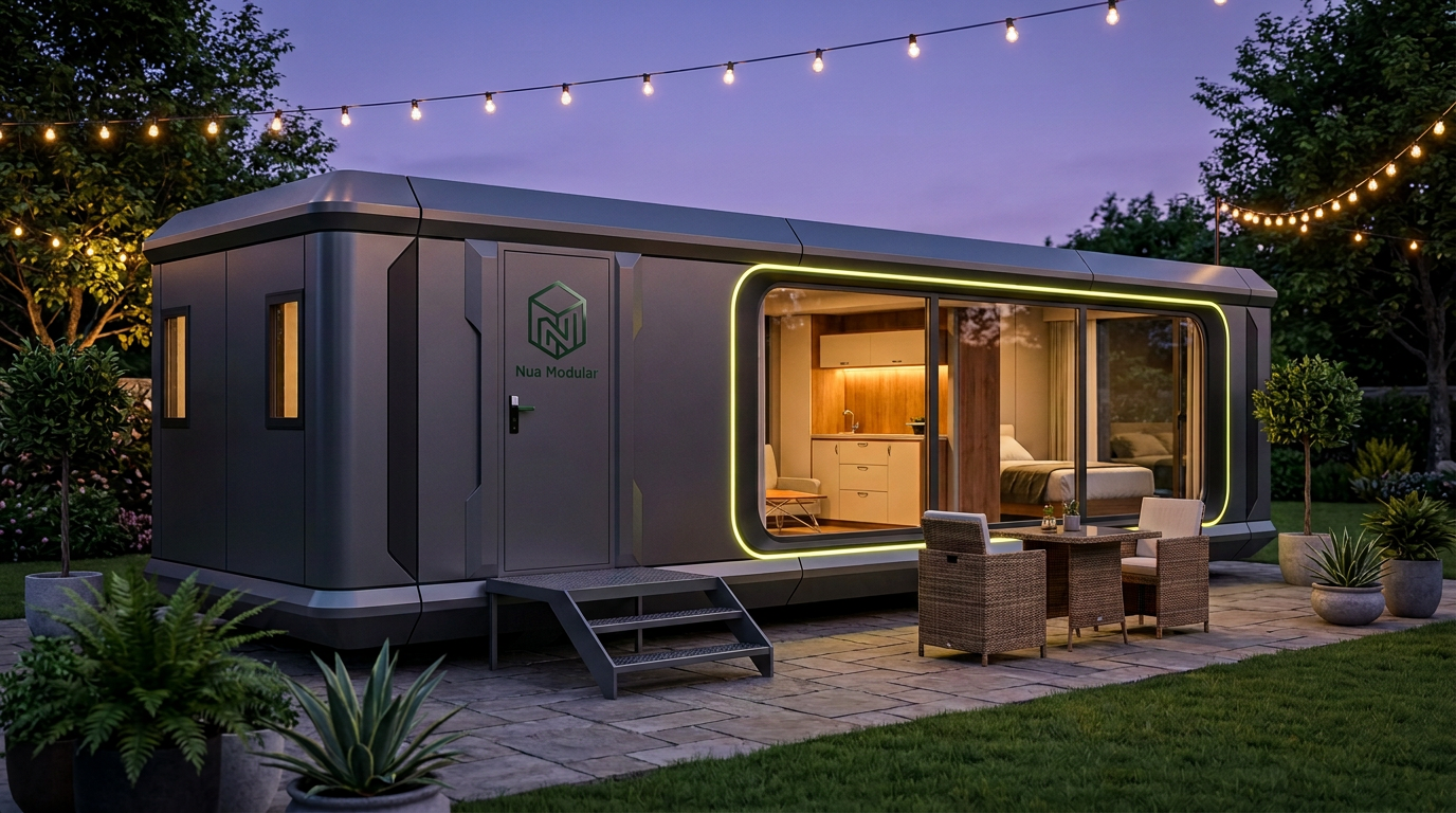 Nua Ultra pod at twilight with garden string lights