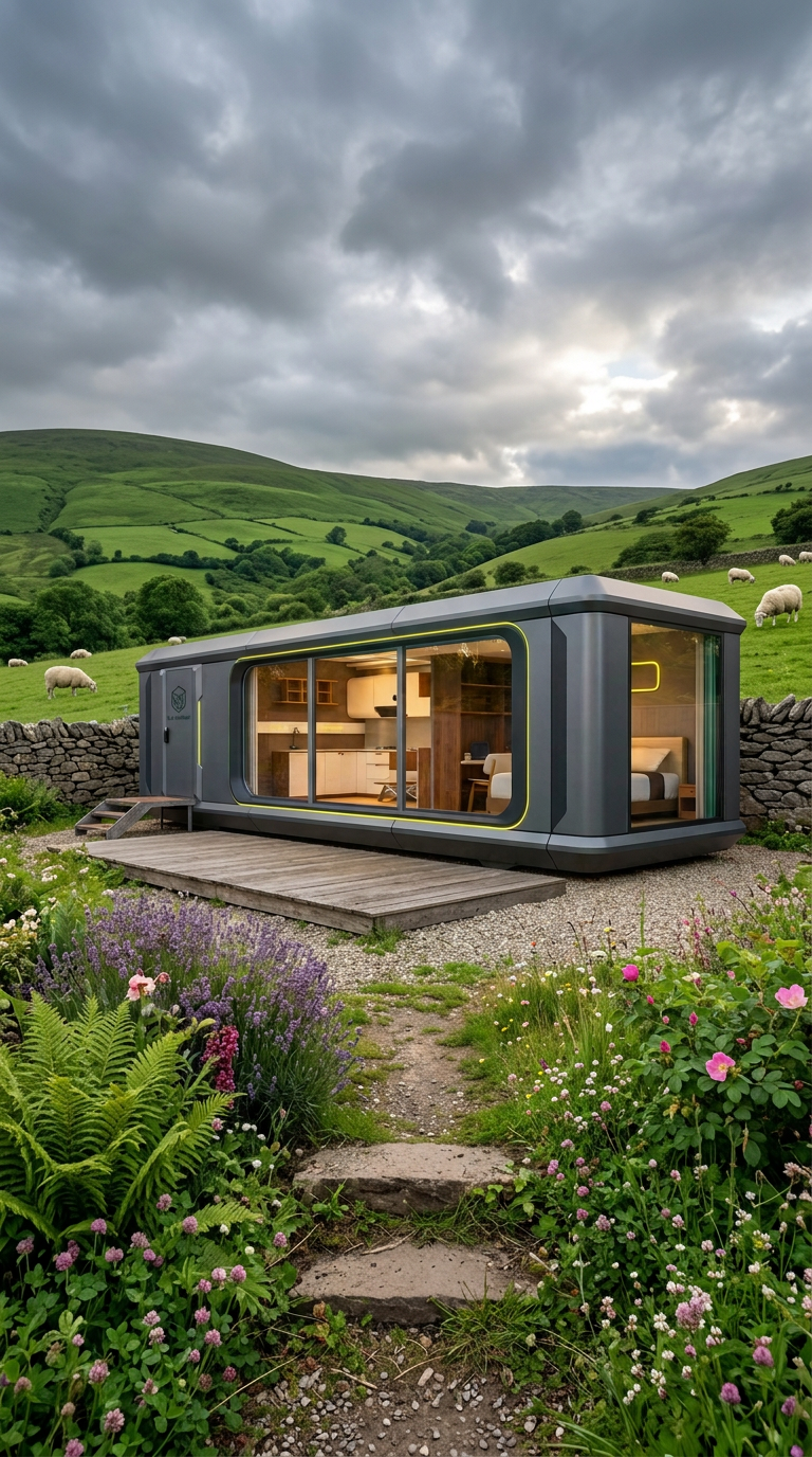 Nua Ultra pod in the Irish countryside among rolling green hills