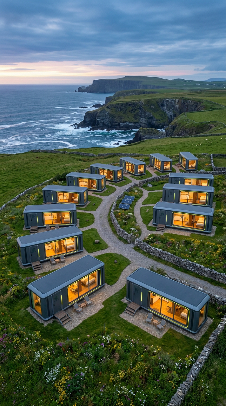A cluster of Nua Ultra pods overlooking the Irish cliffside coast at dusk