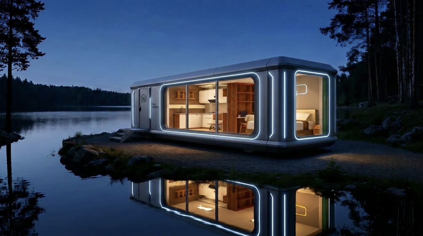 Nua Ultra pod reflected on a still lake at night