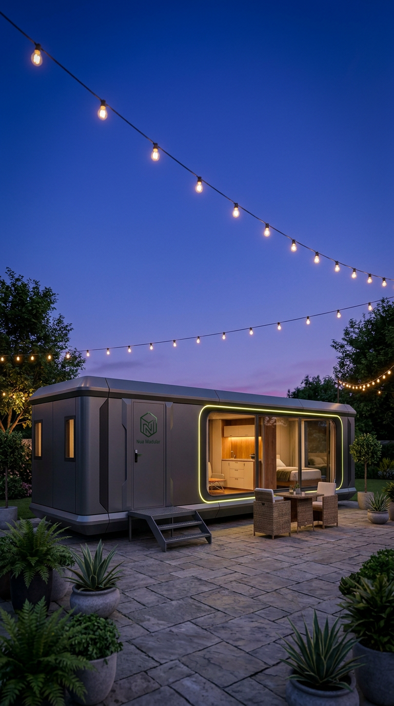 Nua Ultra pod illuminated at dusk with garden string lights